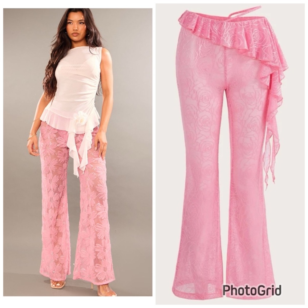 3x$25- Pink Lace Flare see through pants NWT
